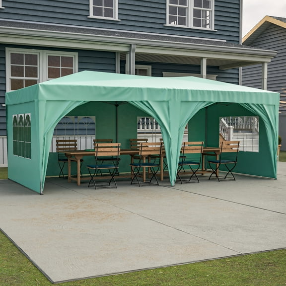 10'x20' EZ Pop Up Canopy Outdoor Portable Party Folding Tent with 6 Removable Sidewalls Carry Bag 6pcs Weight Bag Green Color