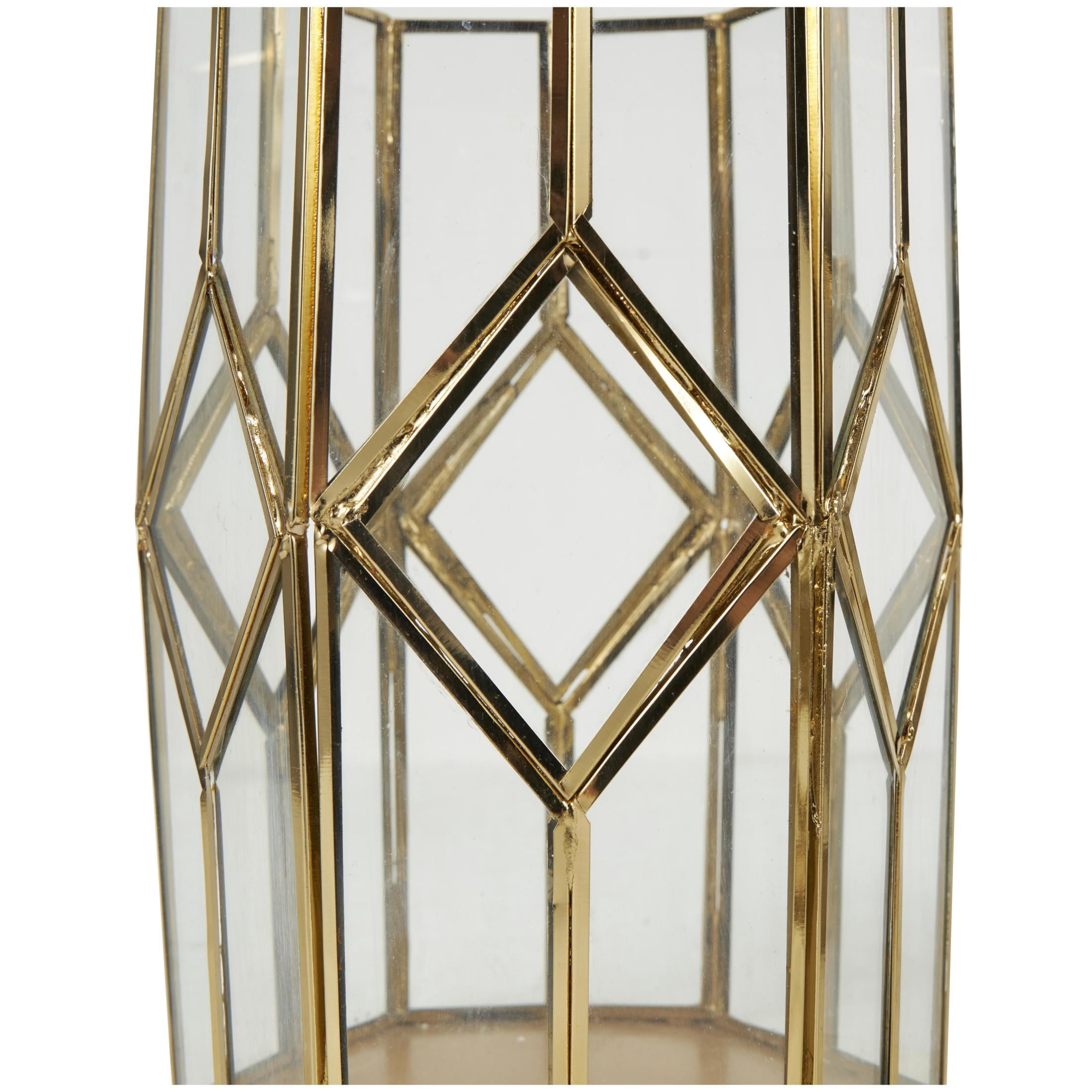 CosmoLiving by Cosmopolitan 3 Holder Gold Metal Geometric Diamond Patterned Hexagon Candle Lantern with Clear Glass, Set of 3