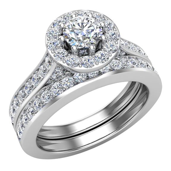Diamond Wedding Ring Set Round Diamond Halo Rings 8-Prongs 14K White Gold 1.15 Carat (H,SI1)