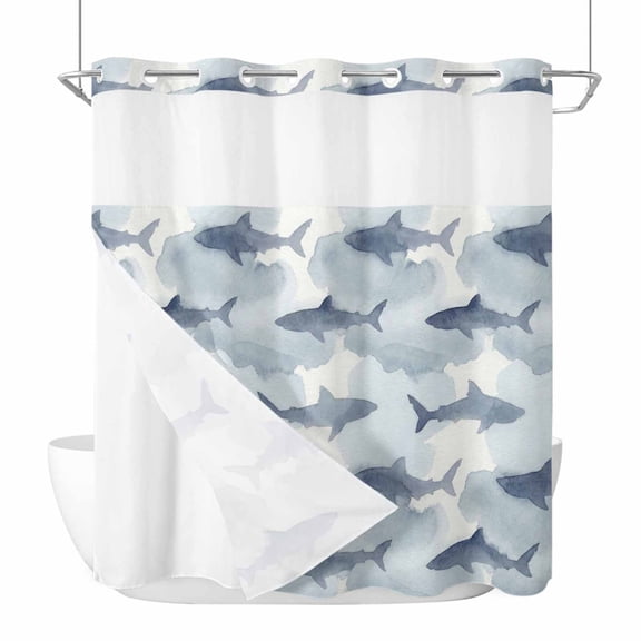 No Hook Blue Sharks Coastal Shower Curtain with Snap in Liner Set, Summer Beach Ocean Nautical Waterproof Fabric Bathroom Curtains with See Through Top Window, Hotel Style Modern 66 x 72 Inch