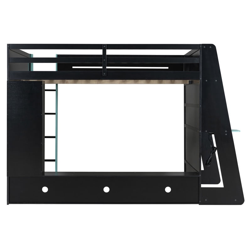 Full Size Loft Bed with Desk and RGB LED Lights, Wood Gaming Loft Bed Frame with Storage Shelves, TV Console Space and Multi-Functional Study Workstation for Teens Bedroom