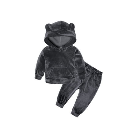 

Ma&Baby Winter Boys Boys Girls Velvet Long Sleeve Ear Hooded Tops Trousers Outfit Set