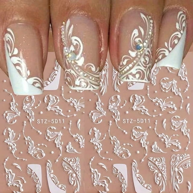 Pegatinas de uñas con flores de encaje blanco mate, 2 piezas