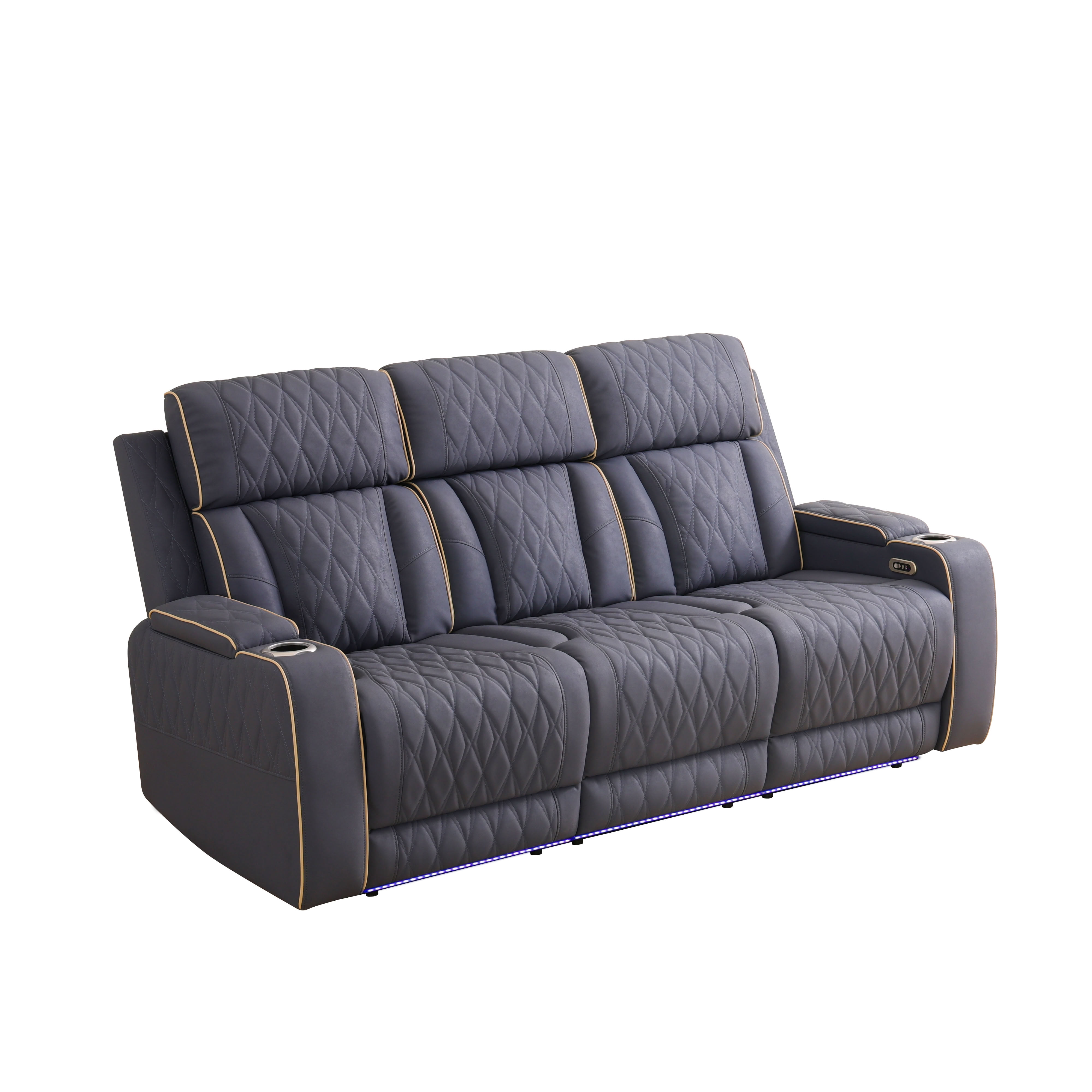 MAYEERTY 3-Seater Recliner Sofa, Sanded Leather Reclining Sofa with LED Lights, USB Charger, Cup Holders & Storage, for Living Room, Home Theater