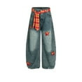 thumbnail image 4 of Flared Barrel Jeans for Women – Mid Rise Heart Print Washed Denim, Loose Fit Wide Leg Ankle Pants, Vintage Baggy Boyfriend Casual Trousers, 4 of 4