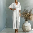 thumbnail image 6 of Moxiu Women's Elegant V Neck Jumpsuits Plus Size Dressy Casual Half Sleeve Wide Leg Long Pants Rompers Formal Office Work Overalls White,XXXXL, 6 of 7