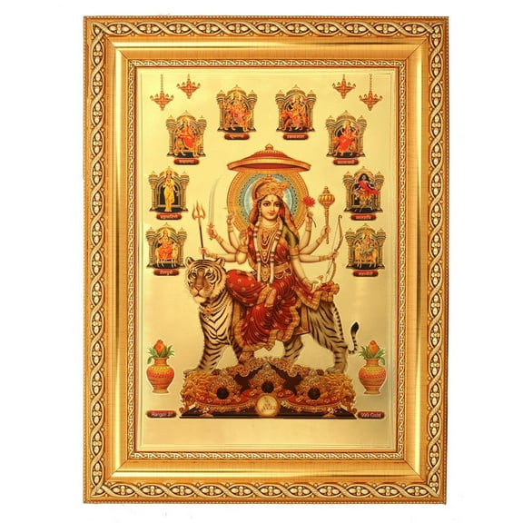 Bm Trades Nav Durga Beautiful Golden Foil Photo In ArtWork Golden Frame (11 x 14 Inch)OR(27.94 X 35.56 Cm) Housewarming Gifts