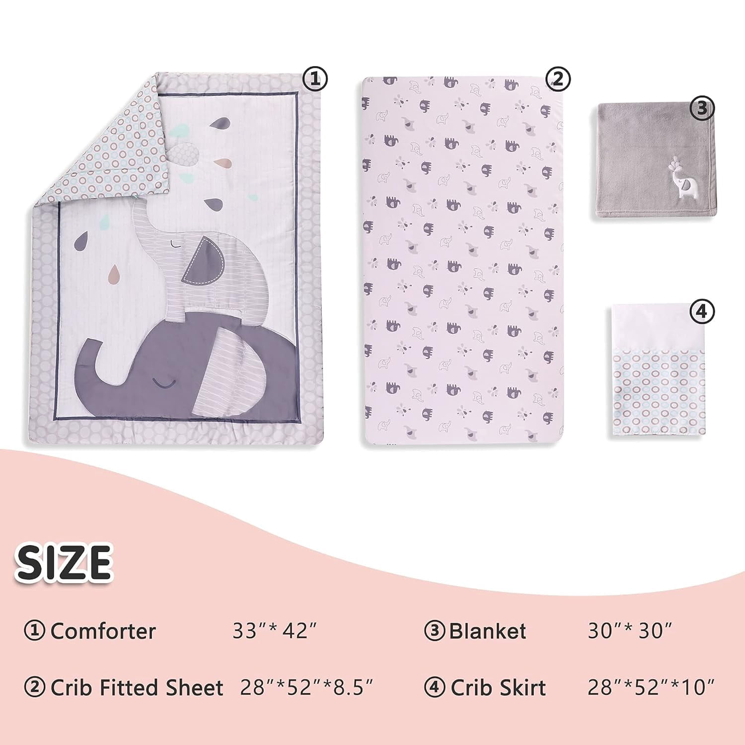Sweet Baba Gray Elephant Crib Bedding Sets for Boys 4 Pcs, Baby Girls Set Included Comforter, Fitted Sheet, Crib Skirt & Blanket for Nursery Standard Size Neutral