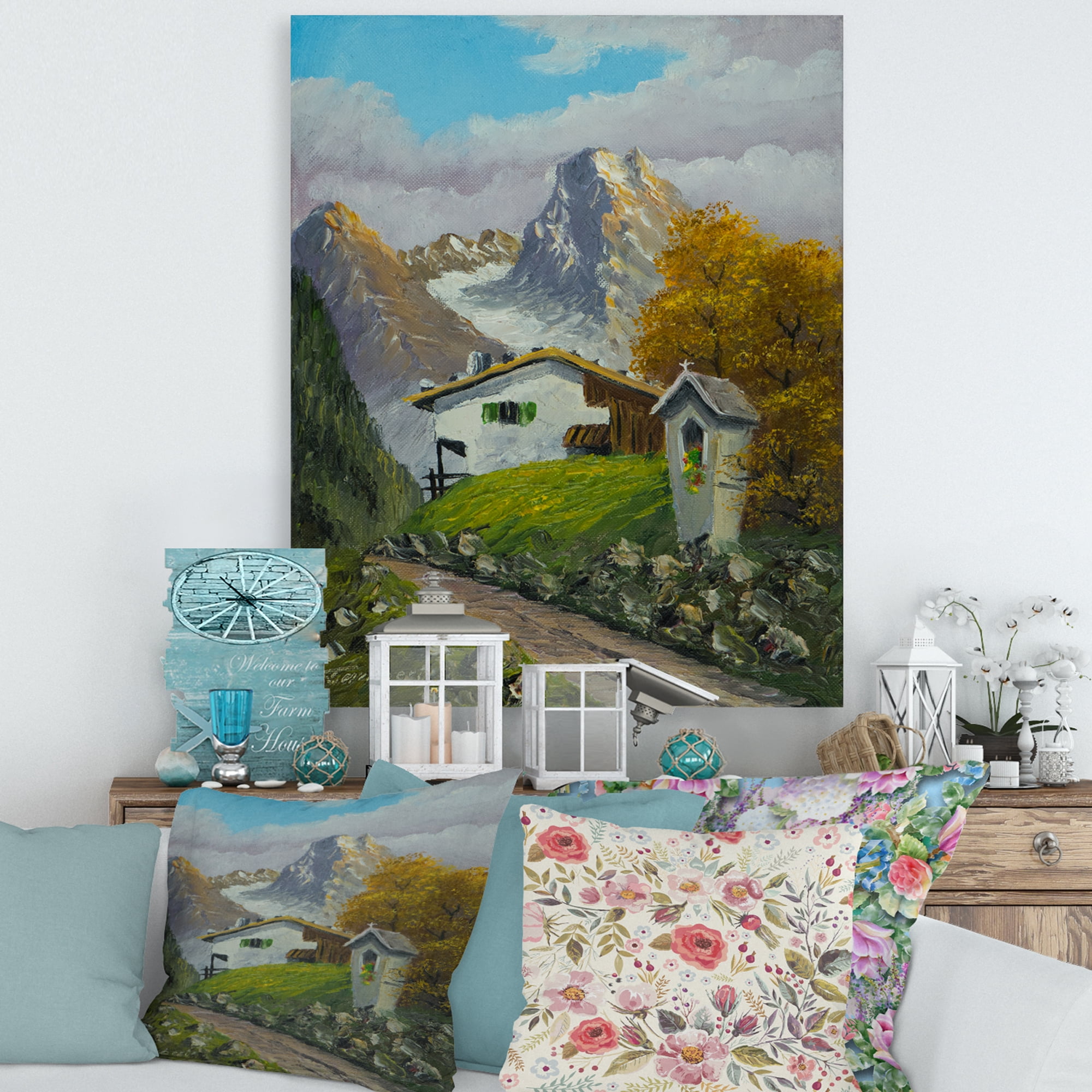 Designart ' The Path Leading To A House Along Wayside Shrine ' Farmhouse Canvas Wall Art Print