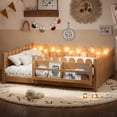 thumbnail image 3 of Bellemave Full Size Floor Bed with Bookshelf and LED Lights, Wood Montessori Bed Frame with Cute Safety Guardrails & Wood Slats Support for Kids Boys Girls, No Box Spring Needed, Natural, 3 of 9