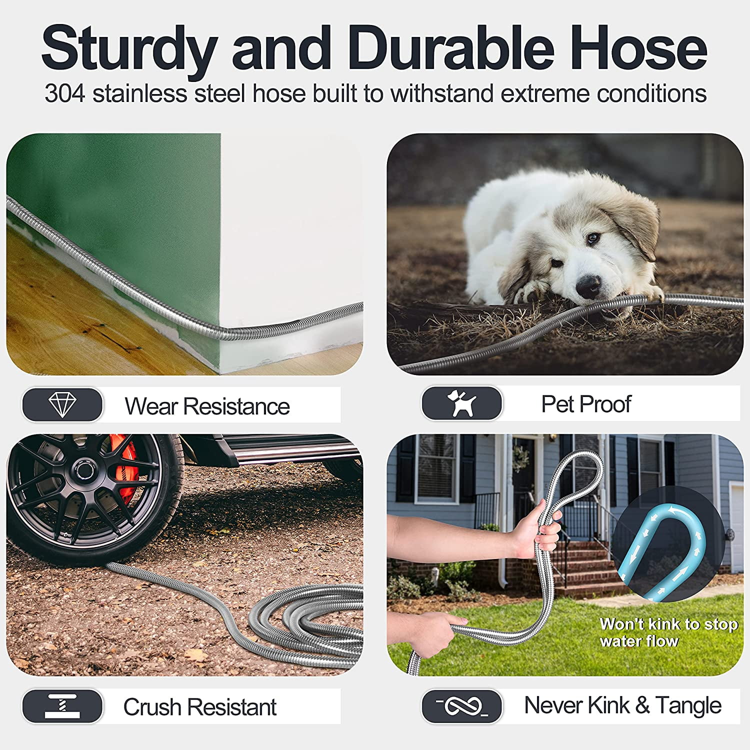 SPECILITE 25ft 304 Stainless Steel Garden Hose Metal, Heavy Duty Water Hoses with Nozzle for Yard, Outdoor - Flexible, Never Kink & Tangle, Puncture Resistant