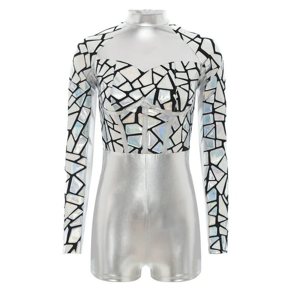 Zaldita Womens Metallic Shiny Galaxy Princess Dance Jumpsuit Long Sleeve Unitard Dress Up Silver 4XL