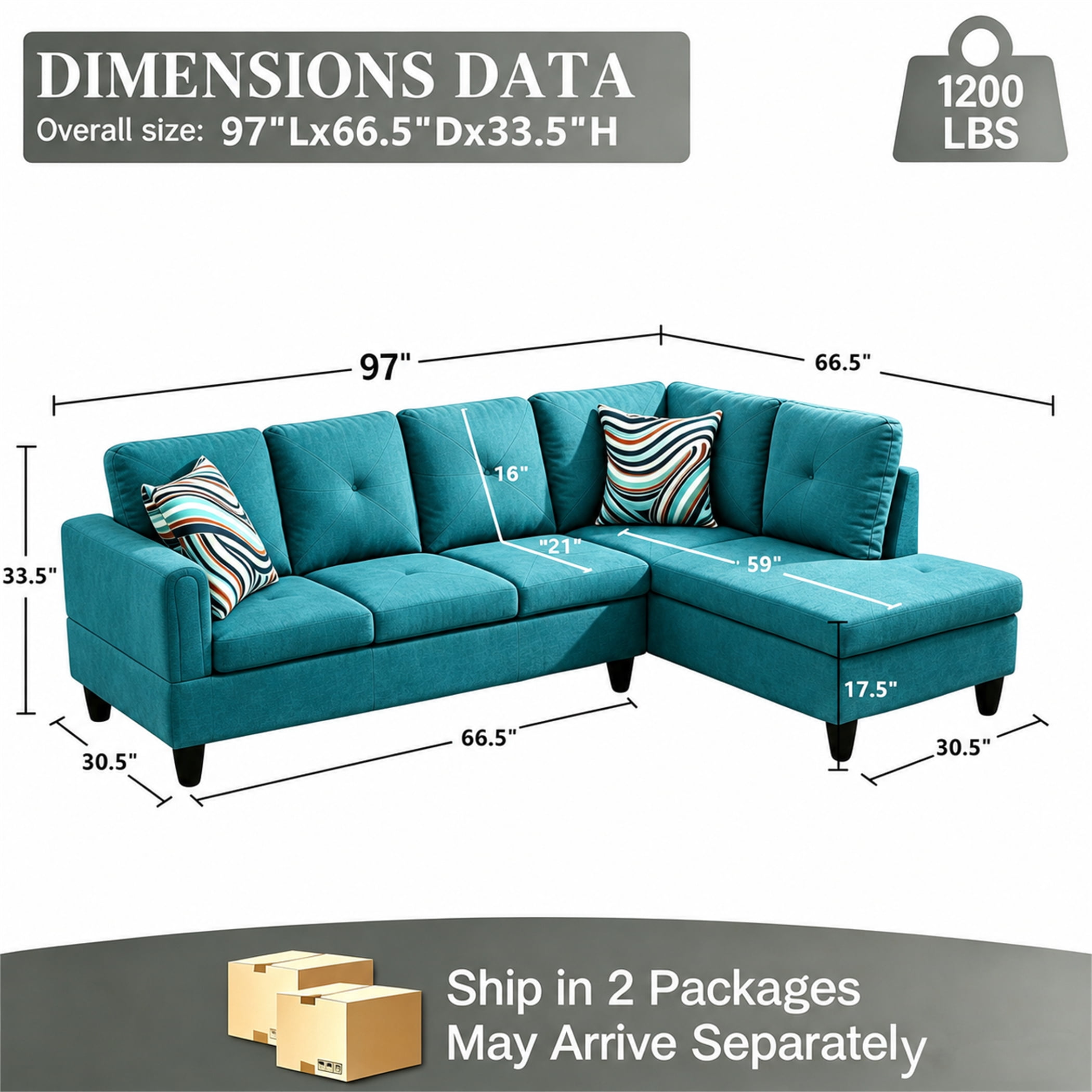 Aukfa 97" Classic Sectional Sofa 4 Seat L shape Couch with Oversized Right Chaise for Living Room, 2Pillows, Linen, Aqua Blue