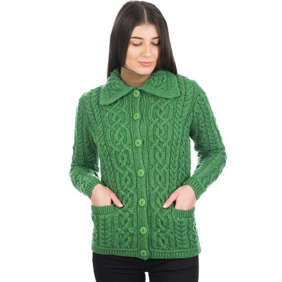 SAOL 100% Merino Wool Women's Aran Cable Knit Cardigan Sweater Button Up Irish Jacket with Pockets Made in Ireland
