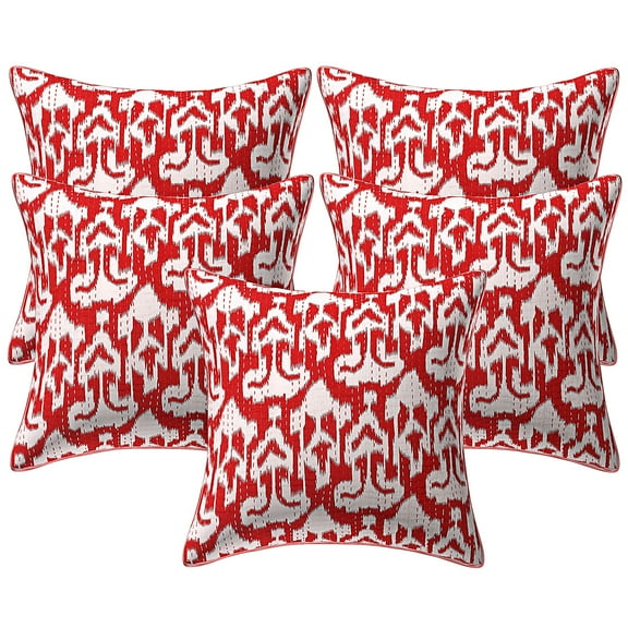 Stylo Culture Ethnic Couch Throw Pillow Covers 16 x 16 Kantha Embroidered Red Traditional 40cm x 40cm Home Decor Cotton Ikat Square Cushion Covers | Set Of 5