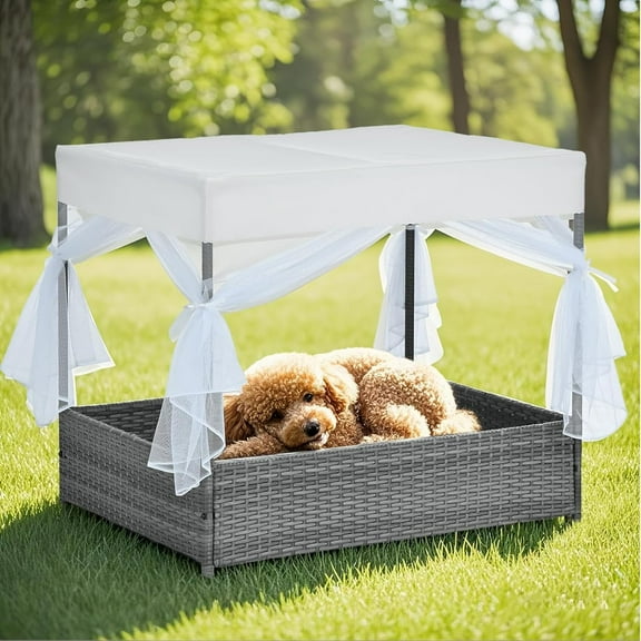 36"Wicker Dog House Outdoor Indoor with Canopy, Weatherproof Outside Dog Shelter Bed with Cushion, 4-Sided Mesh Windows, Pet House Tent Shade for Small Medium Dogs, Rattan Dog Cot for Deck Patio Yard