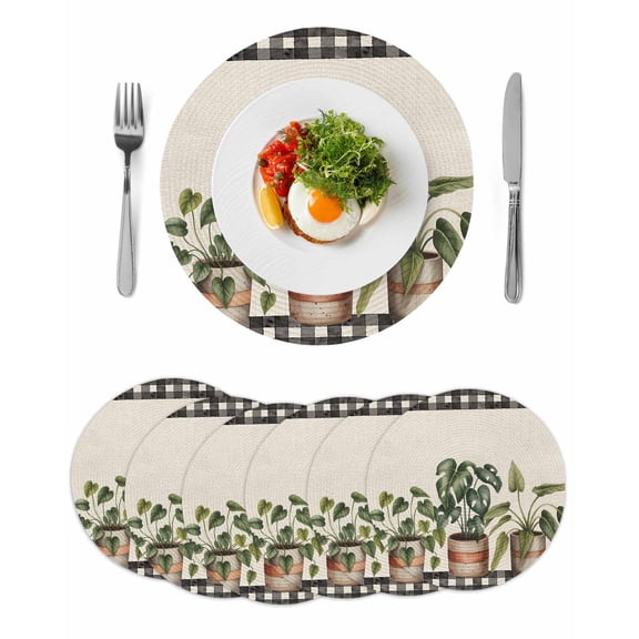Spring Round 15 Inch Placemats Set of 6, Country Vintage Pots Plants Black Plaid Border HeatResistant Non Slip Place Mats for Dining Table, Wipeable Braided Kitchen Table Mats for Housewarming