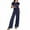 Navy, variant on Women Two Piece Outfits Crochet Sheer Knit Sweater Top Wide Leg Pants Lounge Matching Sets Sweatsuit Travel Clothes Navy XXL