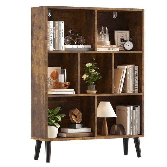 Wooden Cube Bookshelf, Open 3-Tier Bookcase with Legs, Rustic Brown
