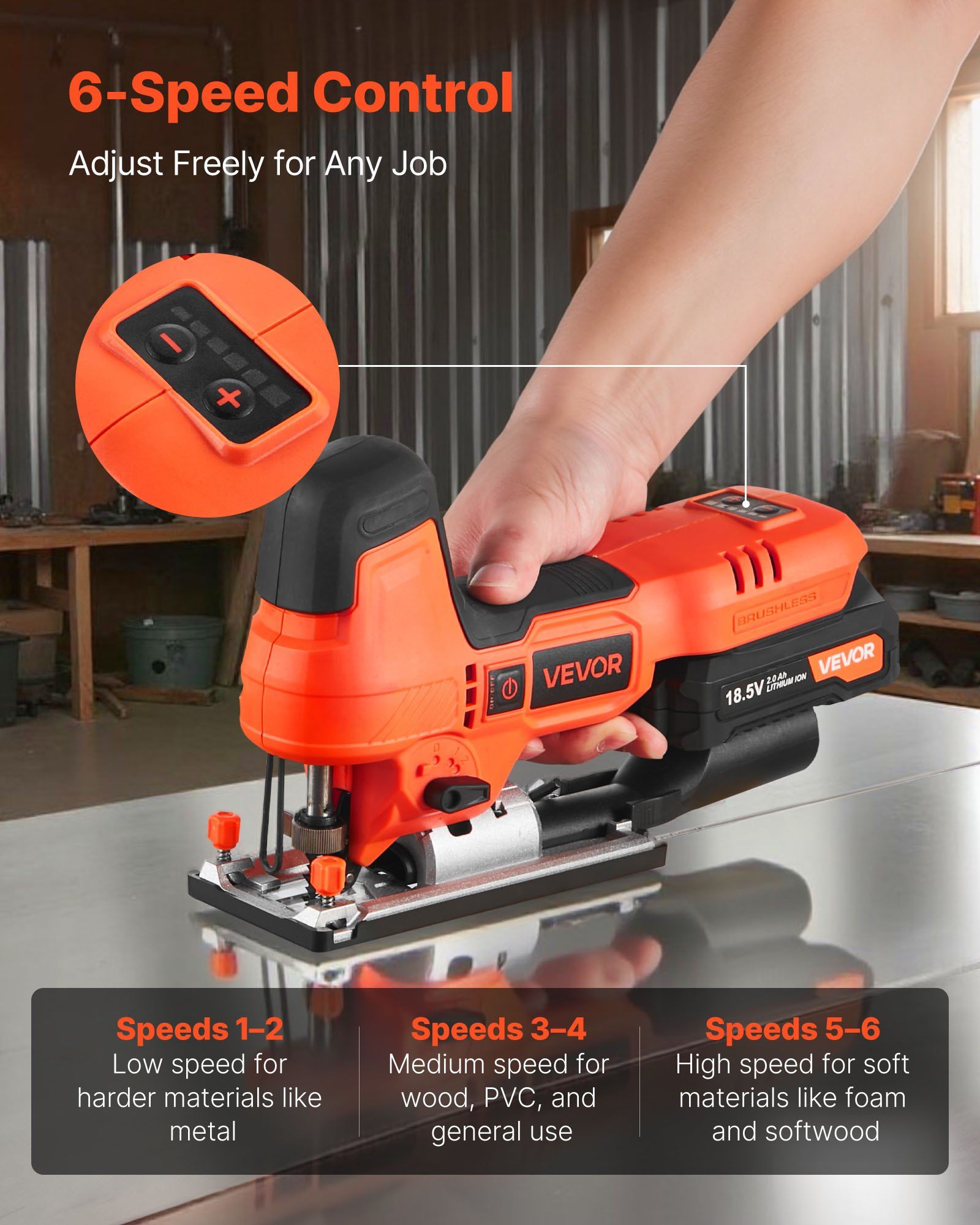 20V Brushless Cordless Jig Saw with 3500 SPM 6 Blades LED Light 6 Speed 0-45 Degree Bevel 4 Orbital Settings for Straight Circle Cutting
