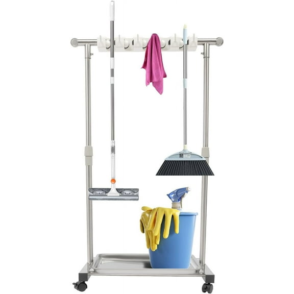 Broom Holder, Broom Rack Mop Rack Stand Cart, Stainless Steel Movable Floor Standing Cleaning Tool Rack, Cleaning Supplies Organizer for Schools, Hospitals, Factories, Hotels, Restaurant