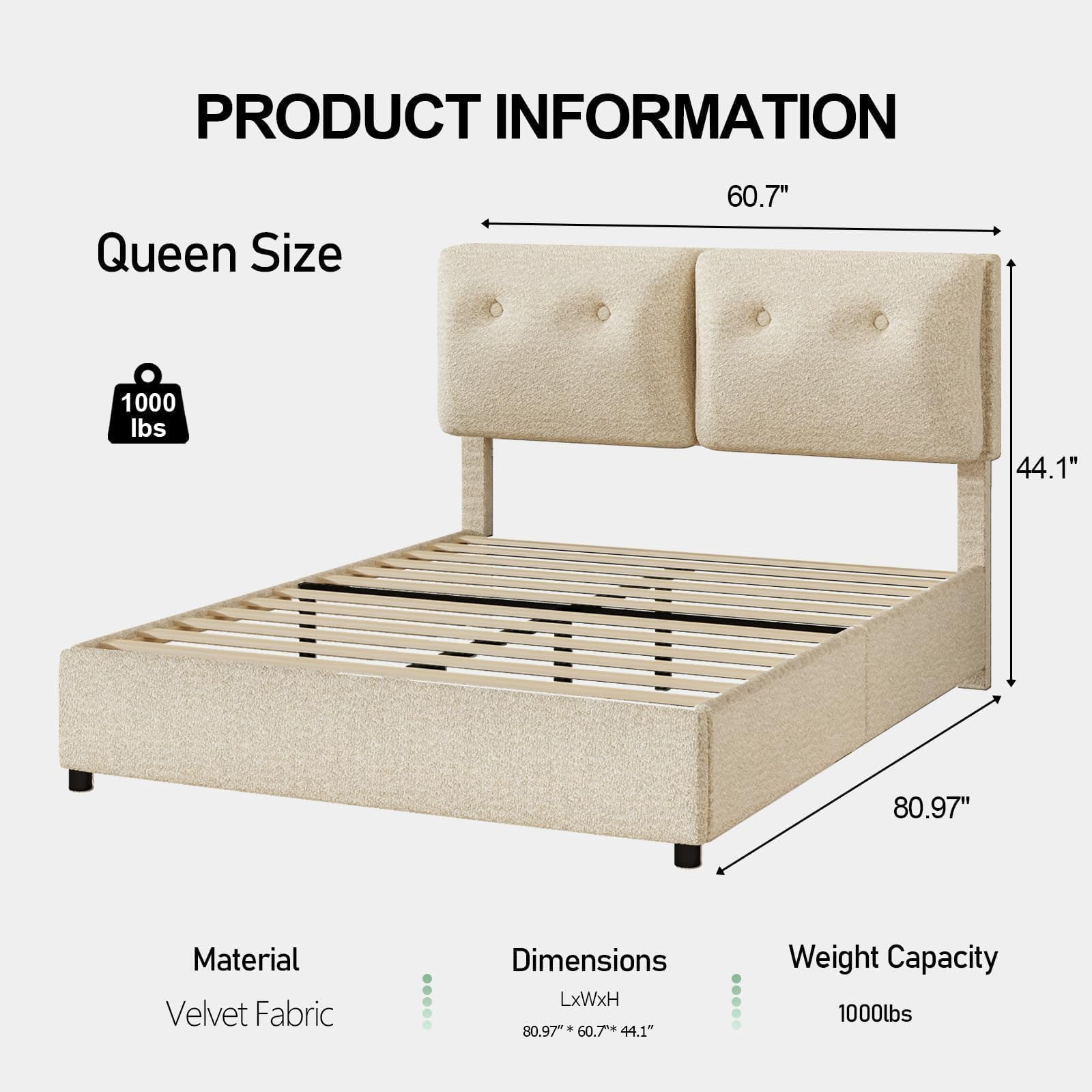4 EVER WINNER Queen Bed Frame, Queen Size Bed Frame with Headboard, Boucle Bed Frame with Removable Pillow Upholstery, No Box Spring Required, Easy Assembly, Cream