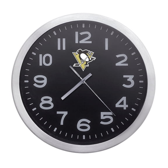 Wall Clock Home Decor or for a Patio/RV/Game Room 10" Round Silver Edge with a Black Face Featuring Your Choice of a Sports Theme Team Logo Vinyl Decal - FREE Battery Included (Penguins)