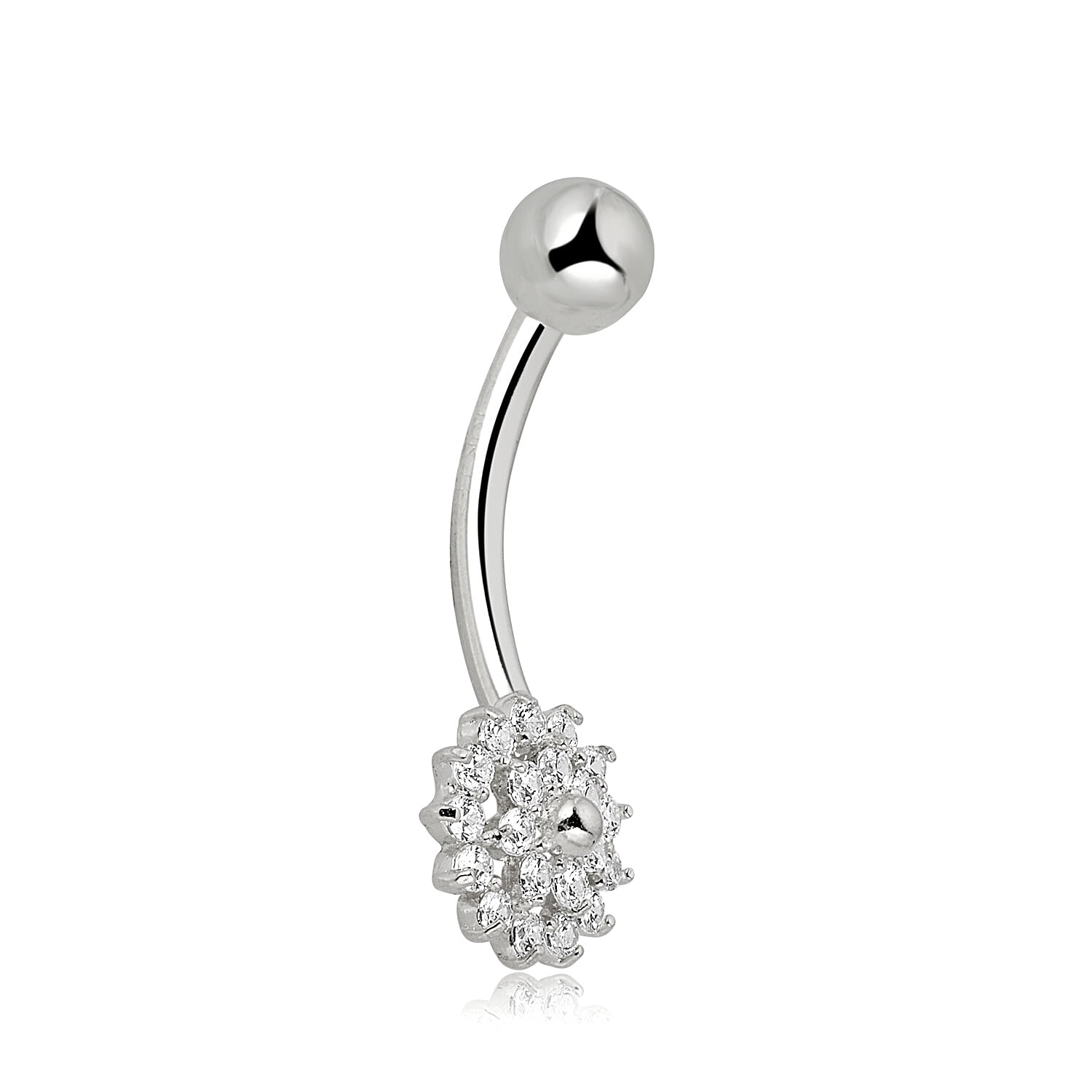 AVORA 10K White Gold Simulated Diamond CZ Open Flower Belly Button Ring Body Jewelry (14 Gauge)