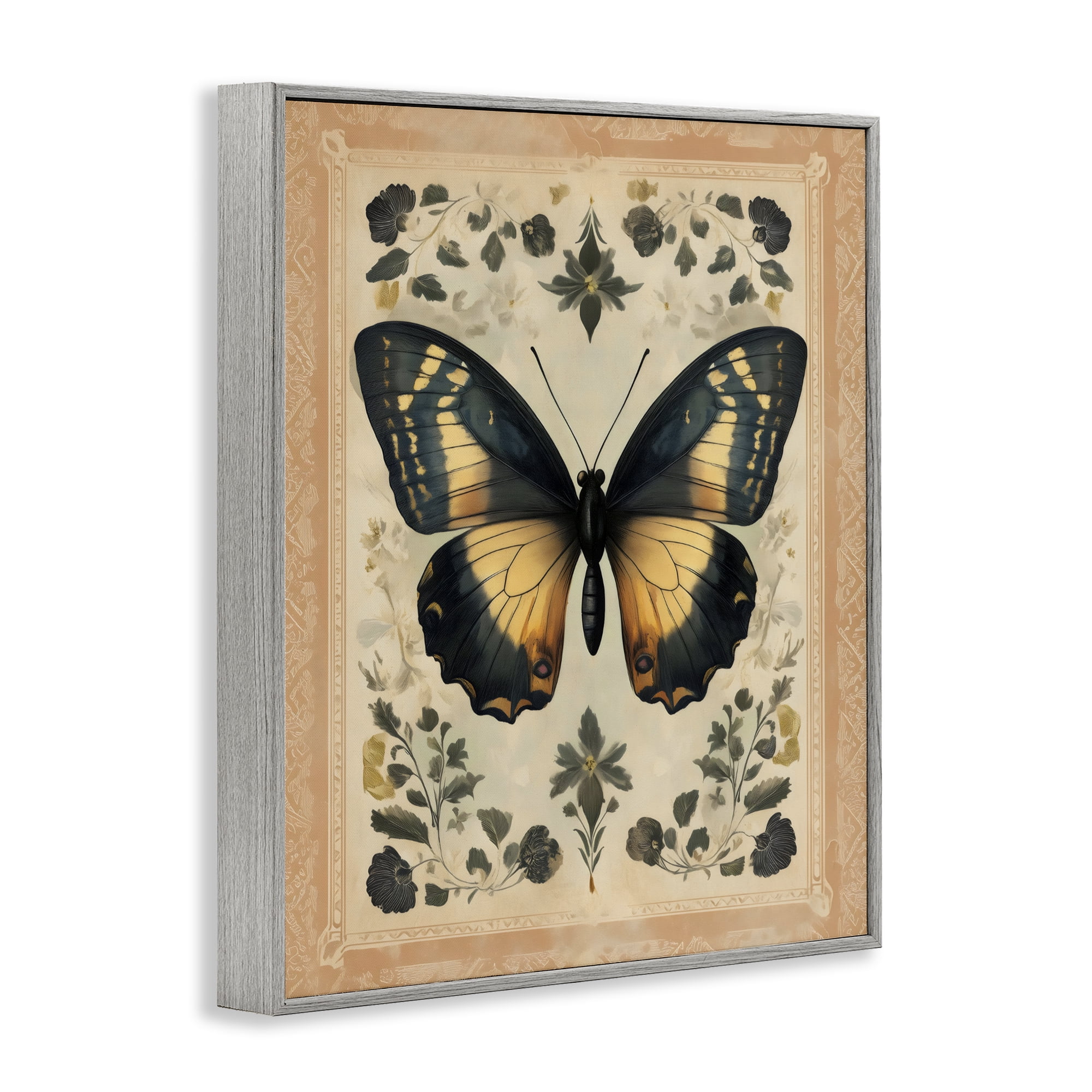 Stupell Industries Vintage Butterfly Botanical Illustration Gray Framed Giclee Art, design by Arlington Prints