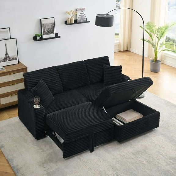 Leumius Modern Sleeper Sofa with Pull-Out Bed,Corduroy Multi-Function Sofa with Hidden Reclining,Cup Holders and Removable Footstool for Living Room,Black