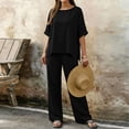 thumbnail image 7 of Costeam Womens Short Sleeve Two Piece Linen Cotton Outfit Solid V Neck Top Drawstring Wide Leg Pants Side Pocket High Waist Loose Casual Matching Set Tracksuit, 7 of 7