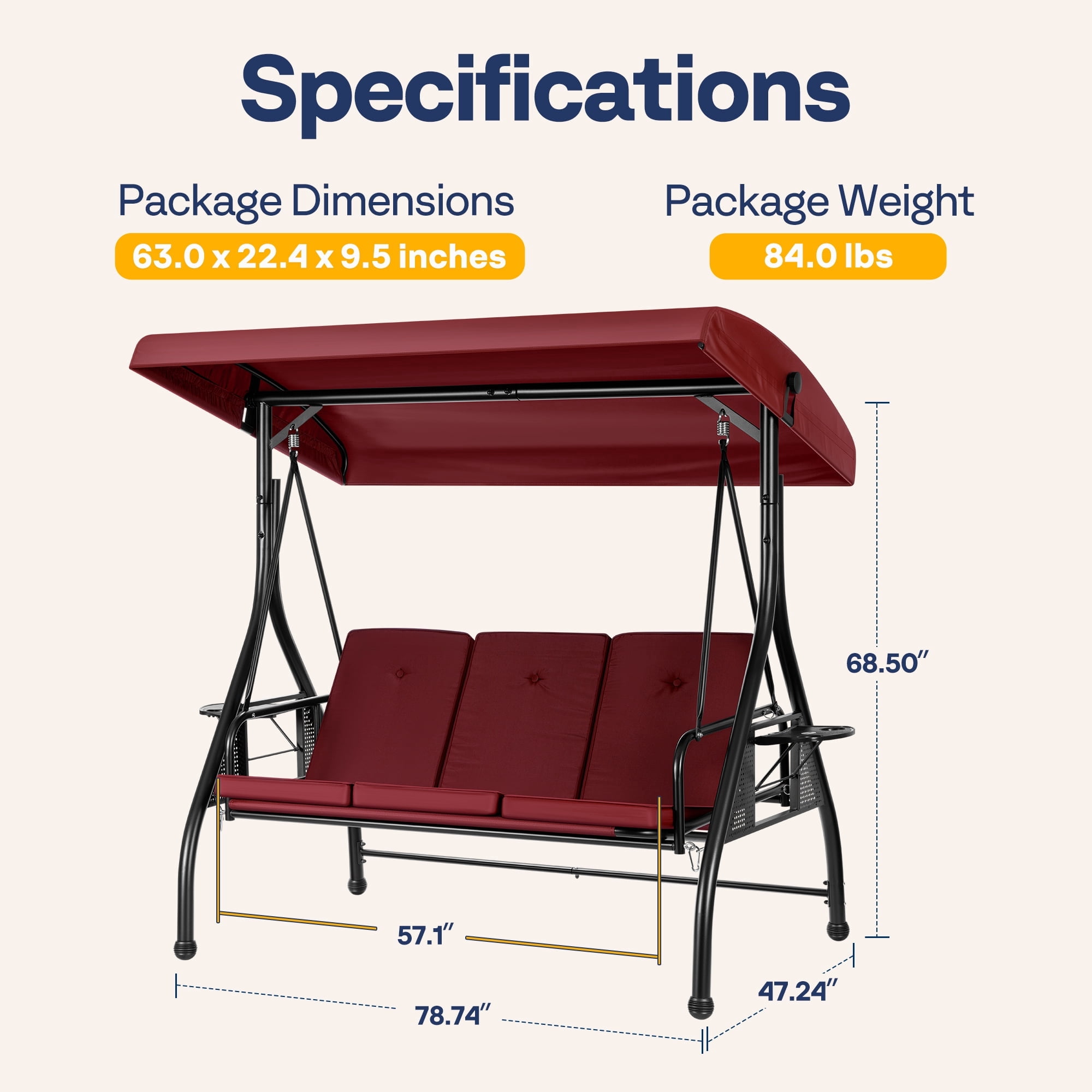 SPECSTAR 3 Seats Patio Swing Chair, Outdoor Converting Canopy Swing Chair w/ Removable Cushion,Swing Glider Hammock for Patio, Garden, Red