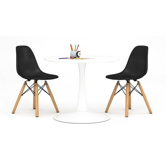 Modholic Kids Tulip Table & Set Of 2 Wood Leg Chairs, Black