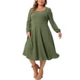 thumbnail image 2 of Vestido de manga larga de talla grande para mujer Agnes Orinda, con cuello cuadrado, bolsillos, casual, fluido, corte A, midi, de punto, 2X verde ejército, 2 of 6