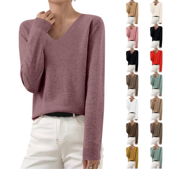 Dwellite Sweaters for Women V Neck Long Sleeve Fall Casual Tops Knit Soft Lightweight Crop Sweaters for Fall and Work Light Purple -AE05 S
