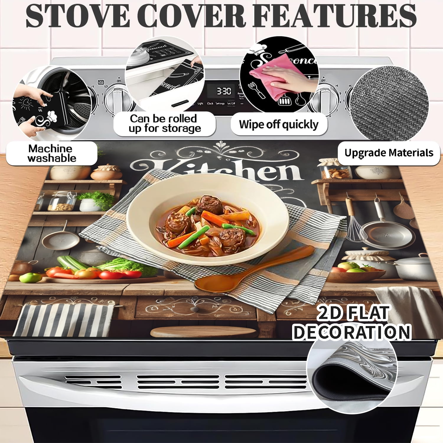 Kitchen Stove Top Cover, Multi-Design Stove Top Cover for Glass/Electric Stoves - 3-in-1 Heat-Resistant Protector Mat, Non-Slip Drying Rack 28"x20" Keep Stove Clean Mat