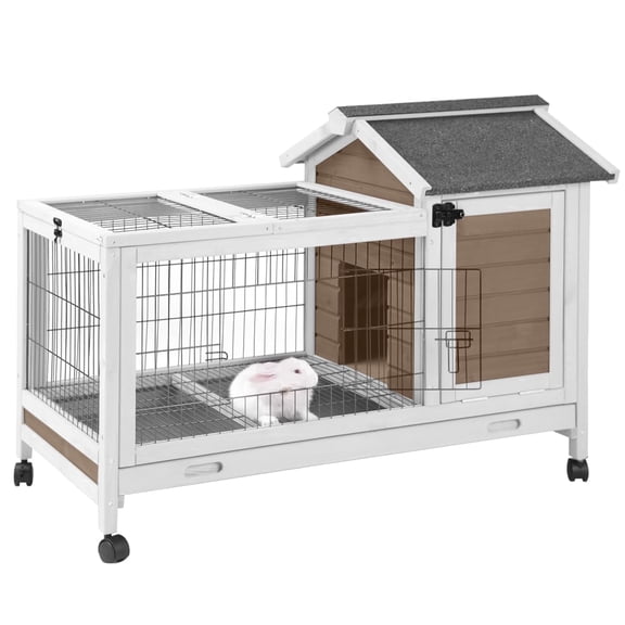 Aivituvin Rabbit Hutch with Wheels for Indoor Outdoor, Wooden Rabbit Cage with Removable Wire Netting & Leak Proof Tray, Mobile Bunny Cage, Brown