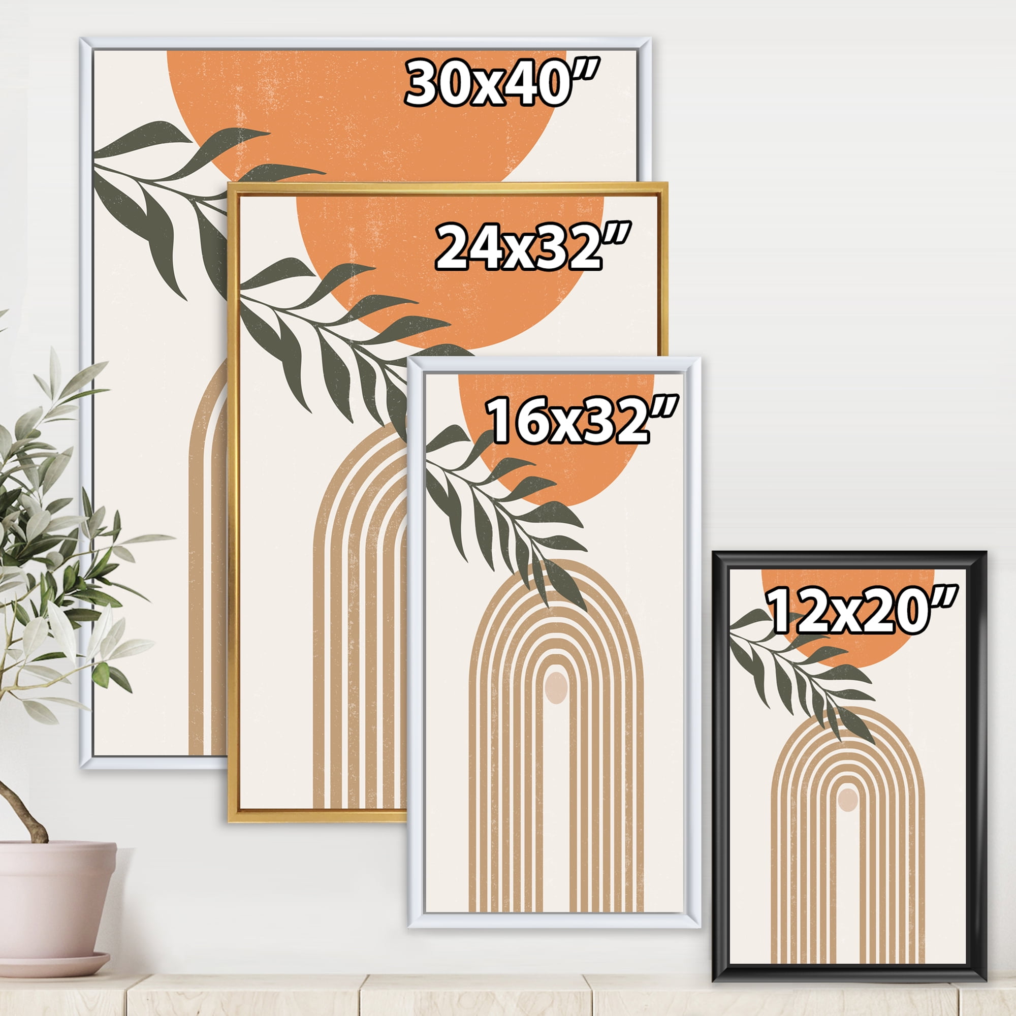Designart 'Abstract Moon Sun Leaves I' Modern Framed Canvas Wall Art Print