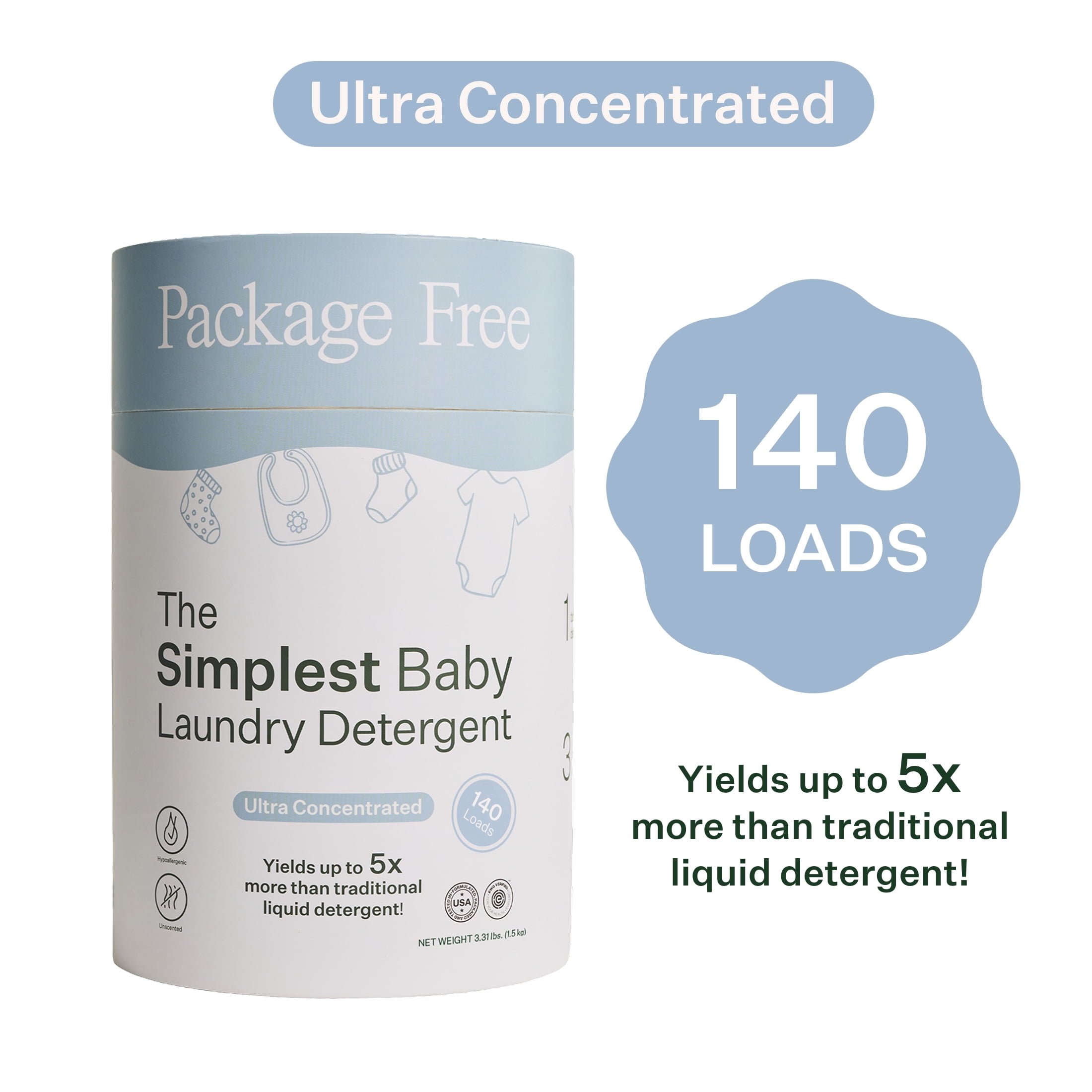 Package Free Simplest Baby Laundry Detergent Powder, Unscented, 140 Load
