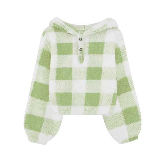 Girls Fuzzy Hooded Buffalo Plaid Top Solid Long Sleeves Comfy Loose Button Casual Outwear Pullover Cool Sweatshirt for Girls 13-14 Years