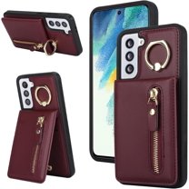 Samsung Galaxy S21 Case with Card Holder for Women, Samsung Galaxy S21 Phone Case Wallet with Credit Card with Ring Kickstand Zipper Slim Stand Case - Red Wine