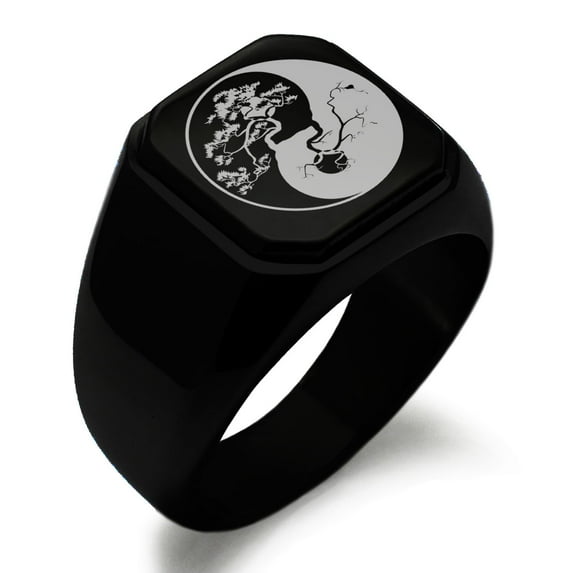 Stainless Steel Bonsai Tree Yin Yang Engraved Square Flat Top Biker Style Polished Signet Ring