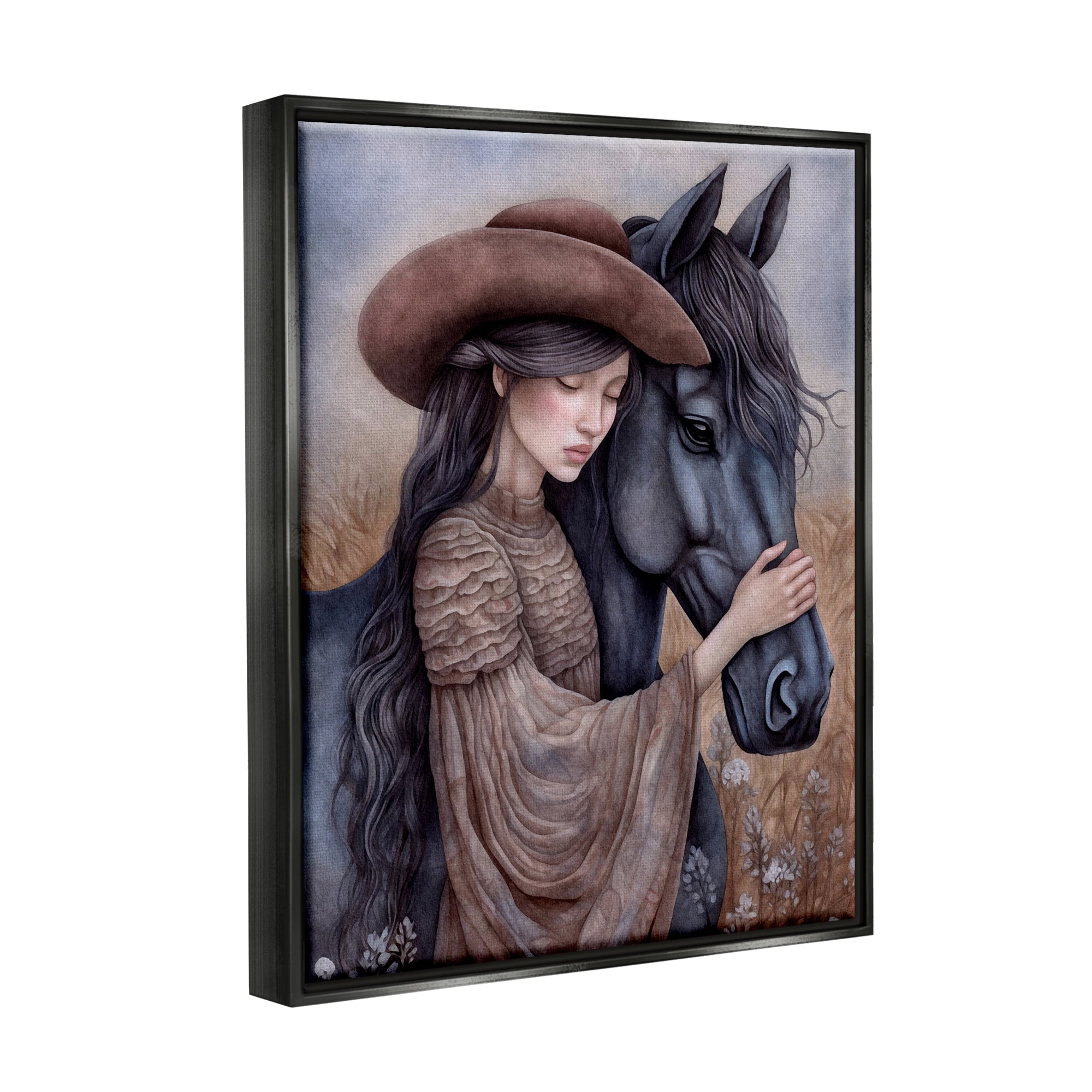 Stupell Industries Girl with Black Stallion Animals & Insects Painting Black Floater Framed Canvas Art Print Wall Art, 17 x 21