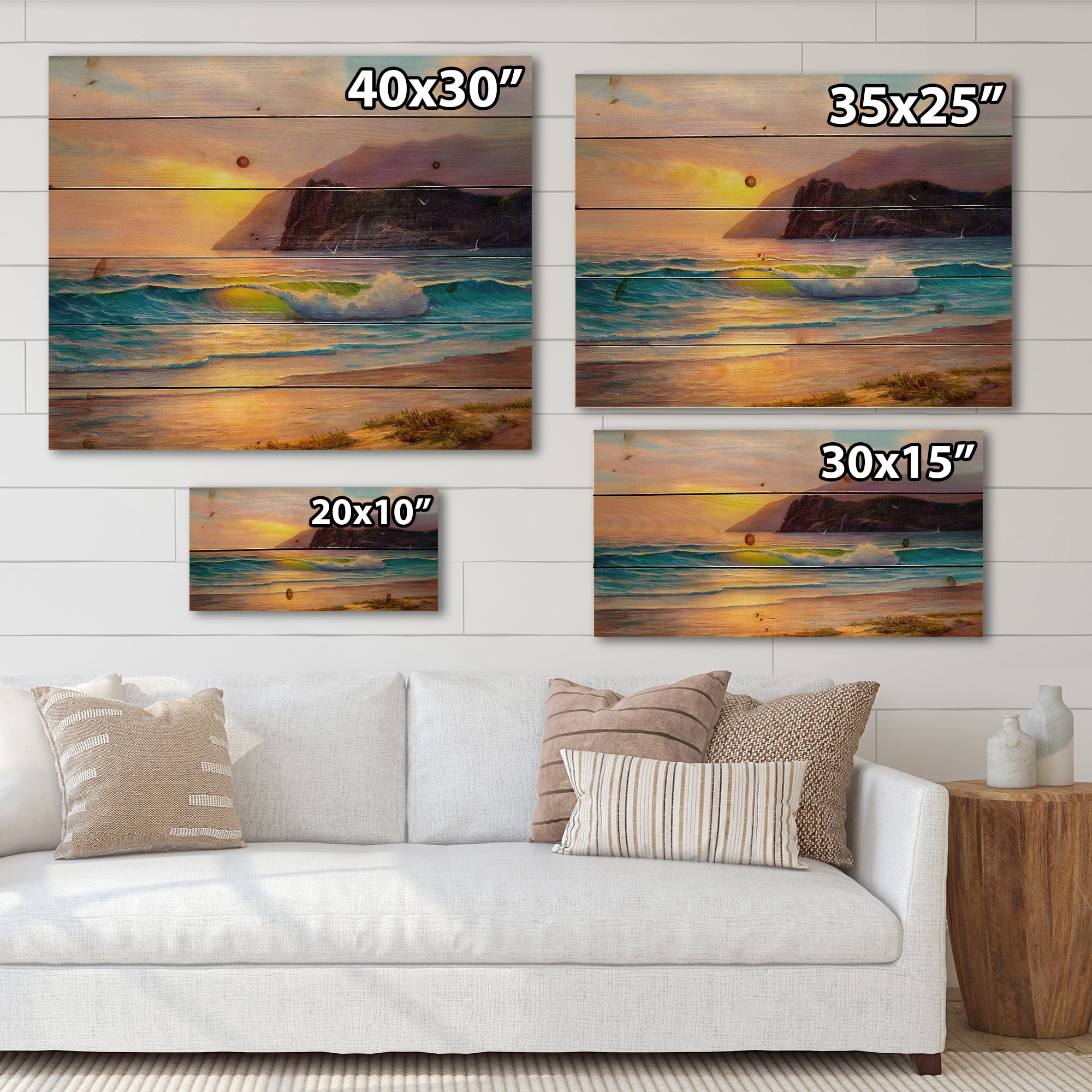 Designart 'Sunrise Glow On The Sea Waves V' Nautical & Coastal Print on Natural Pine Wood