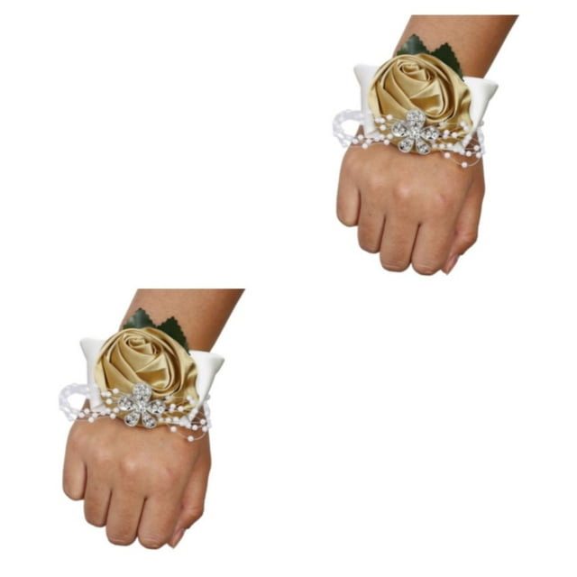 Matsuzay Ramillete de muñeca de rosa satinada hecho a mano de larga duración para bodas y graduaciones elástica N22 oro claro N22 oro claro 2Conjunto