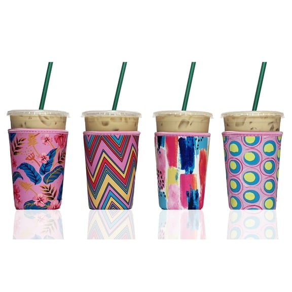 4-Pack Medium (22-24oz) Reusable Neoprene Insulator Sleeve for Iced Coffee or Cold Beverage Cups (Pink Summer)