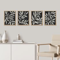 PixonSign Framed Wall Art Black and White Leaves, Set of 4 Plants Silhouette Wall Decor Arts, Farmhouse Minimalism Wall Décor, Adhesive Canvas Poster, Modern Home Artwork - 11"x14" Natural