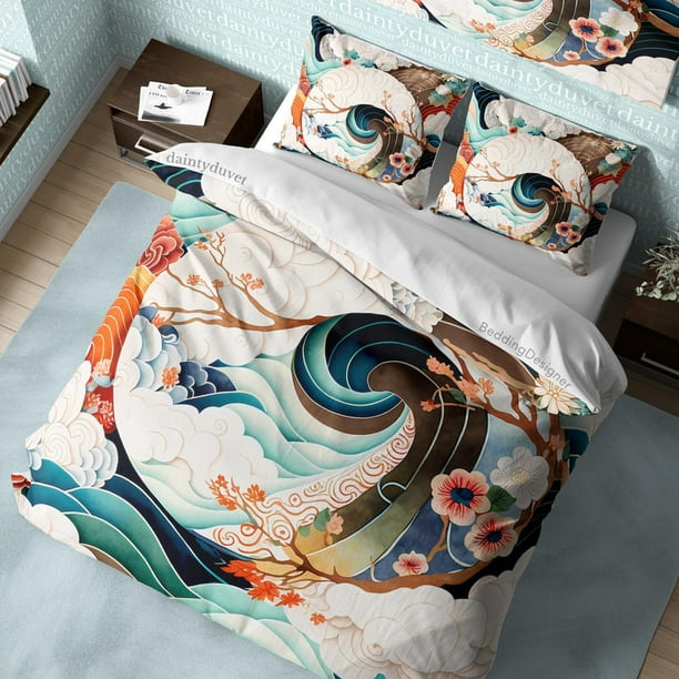 Great Wave Funda Nórdica Patrón Japonés Funda Nórdica, Juego de Cama Flor de Cerezo