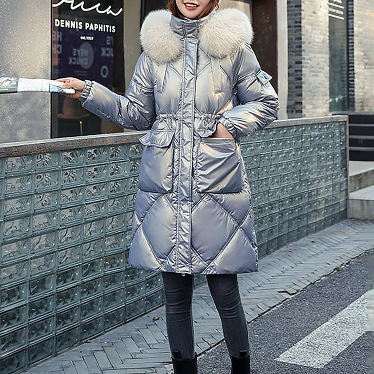 Thicken Women's Puffer Jacket Fur Hooded Winter Outwear Windproof Down Coat  Length Parka Fluffy (Color : Silver, Size : 2XL)