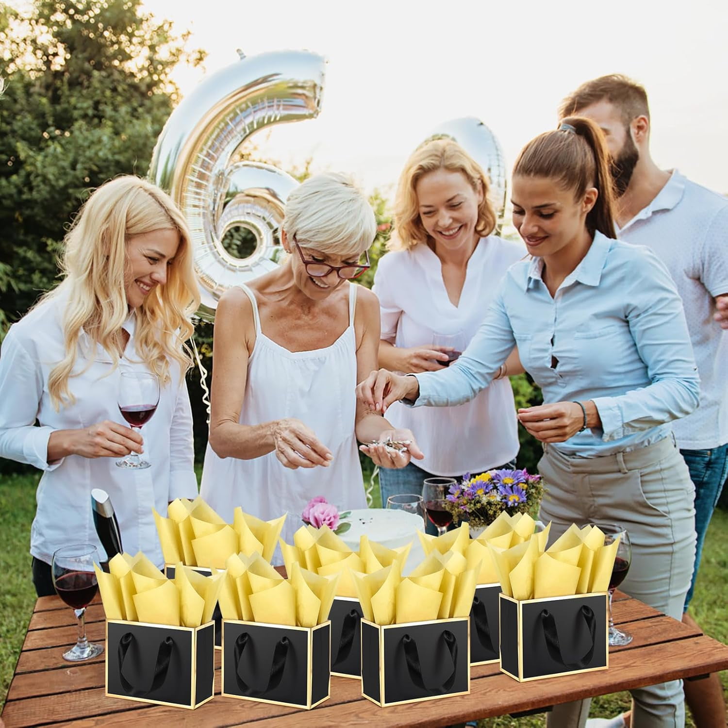30 Pcs Small Metallic Foil Gift Bags with Handles, Black Gold Thank You Favor Bag with Tissue Paper for Back to School Baby Shower Wedding Mother's Day Christmas Party (6.4x3.1x5.1 Inch)